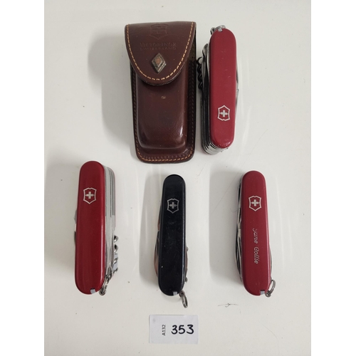 FOUR VICTORINOX SWISS ARMY KNIVES
of various sizes and designs, one with personalisation 
Note: You must be over the age of 18 to bid on this lot.