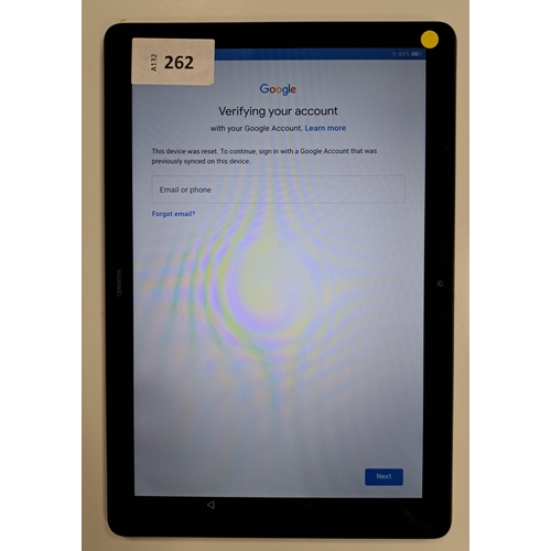 HUAWEI MEDIAPAD T5
model AGS2-W09; serial number V4QBB20519100282; Google Account Locked.
Note: It is the buyer's responsibility to make all necessary checks prior to bidding to establish if the device is blacklisted/ blocked/ reported lost. Any checks made by Mulberry Bank Auctions will be detailed in the description. Please Note - No refunds will be given if a unit is sold and is subsequently discovered to be blacklisted or blocked etc.
