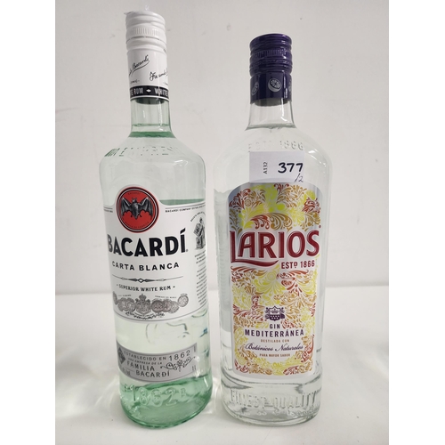 377 - TWO BOTTLES OF SPIRITS
comprising Bacardi white rum (1L, 37.5%) and Larios gin (1L, 37.5%)
Note: you... 