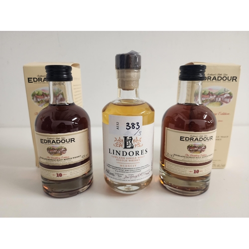 THREE SMALL BOTTLES OF WHISKY 
comprising Lindores single malt (46%, 200ml) and two boxed Edradour single malt 10 year (40%, 200ml each)
Note: you must be over the age of 18 to bid on this lot