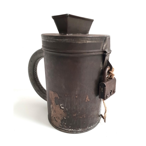 354 - CHURCH TIN OFFERTORY BOX
formed as a lidded tankard with a hinged lid with an opening aperture and s... 