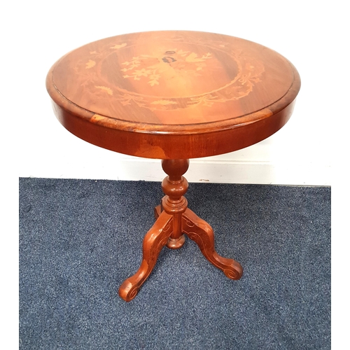 429 - TEAK WINE TABLE
with a circular inlaid floral top on a turned column and tripod base, 59cm high