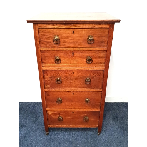 432 - OAK NARROW CHEST OF DRAWERS
with a rectangular moulded top above five graduated drawers, standing on... 