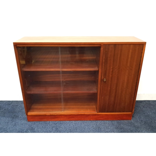 461 - MORRIS TEAK SIDE CABINET
with a pair of glass sliding doors and a teak cupboard door, standing on a ... 