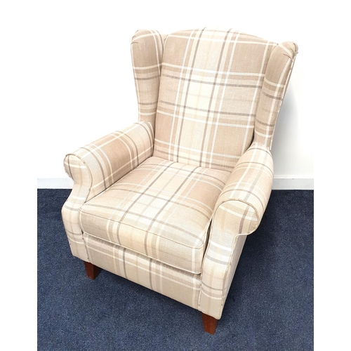 472 - NEXT WING BACK ARMCHAIR
covered in a pale taupe plaid, standing on tapering front supports