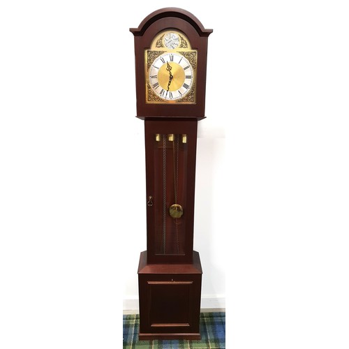 20th CENTURY MAHOGANY LONGCASE CLOCK
with an arched brass dial inscribed 'Tempus Fugit',, with Roman numerals and a triple chain movement with a bevelled glass door, 176cm high