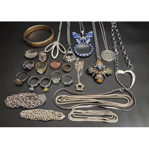 69 - INTERESTING SELECTION OF SILVER AND OTHER JEWELLERY
including a scroll engraved gold plated hinged b... 