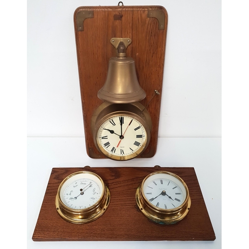 346 - SHIP'S STYLE CLOCK AND BAROMETER
mounted on an oak board, both in circular brass cases, 46cm wide, t... 