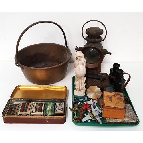 347 - MIXED LOT OF COLLECTABLES
including a circular brass preserve pan, railway lamp, pair of field glass... 