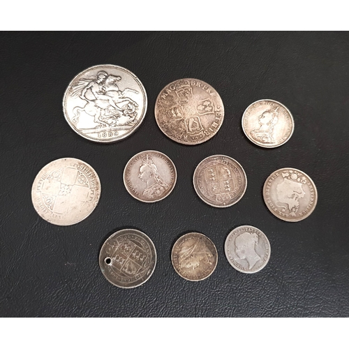 378 - SELECTION OF BRITISH PRE-1919 SILVER COINS
including an 1889 crown, an 1887 Shilling, etc. total wei... 