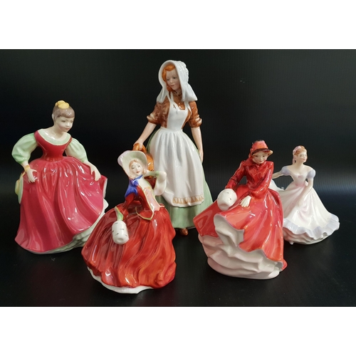 223 - FIVE ROYAL DOULTON FIGURINES
comprising The Milkmaid, HN 2057, 17cm high, Fair Maiden, HN 2434, 14cm... 