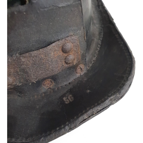 341 - 20th CENTURY CHILDS LEATHER MINERS HELMET
with impressed '56' to the brim and leather flap for lamp ... 