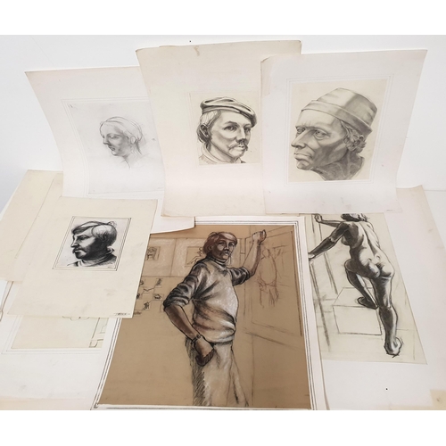 428 - T.BROWN
twelve pencil and chalk drawings of studies of people and two vistas, and two chalk drawing ... 