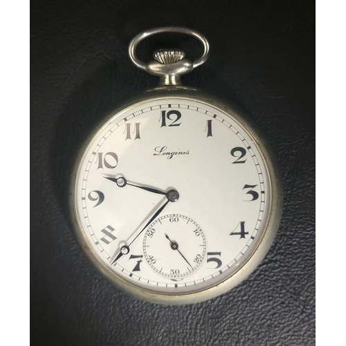 LONGINES POCKET WATCH
the white enamel dial with Arabic numerals and subsidiary seconds dial, the signed movement and inner backplate both numbered 5073336