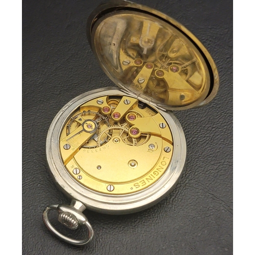 14 - LONGINES POCKET WATCH
the white enamel dial with Arabic numerals and subsidiary seconds dial, the si... 