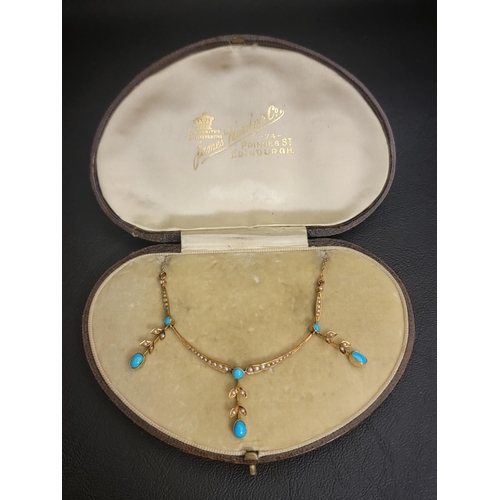 45 - EARLY 20th CENTURY TURQUOISE AND SEED PEARL NECKLACE
the frontispiece with three turquoise and seed ... 