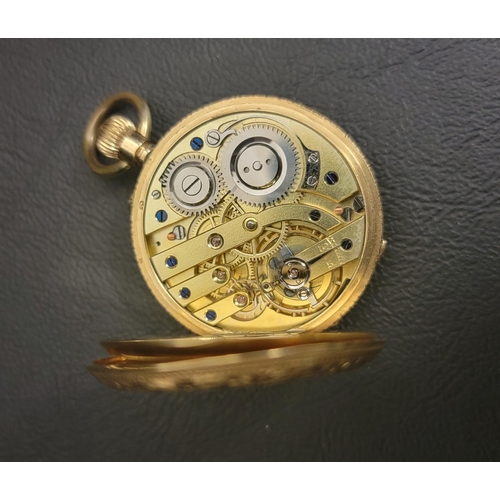 59 - EIGHTEEN CARAT GOLD CASED HALF HUNTER FOB WATCH
the front cover with central glazed panel surrounded... 