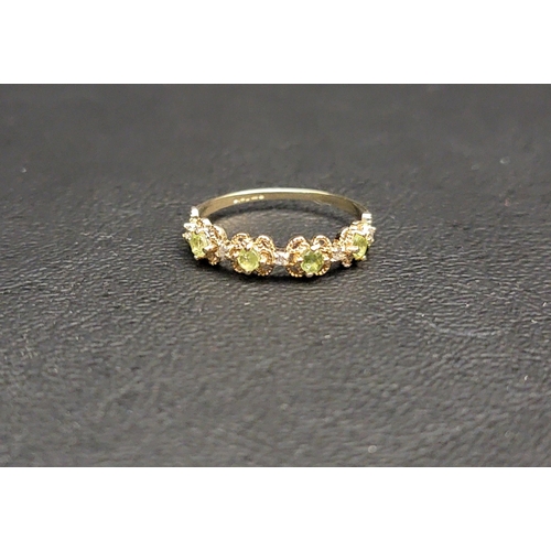 DELICATE PERIDOT AND DIAMOND HALF ETERNITY RING
the four round cut peridots interspaced with five round cut diamonds, in a pierced floral motif setting, on a nine carat gold shank, ring size M-N