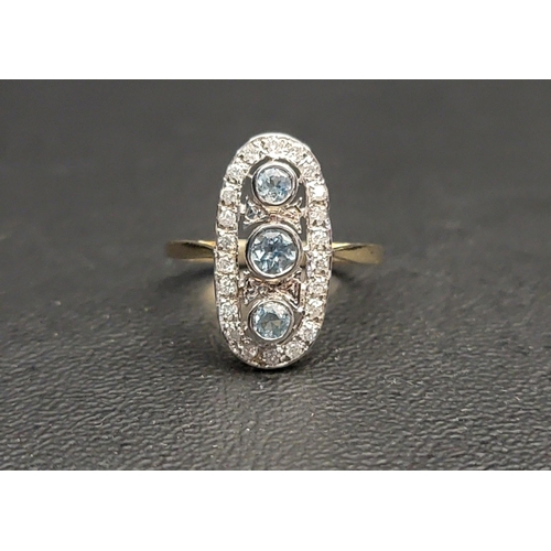 79 - IMPRESSIVE ART DECO STYLE BLUE TOPAZ AND DIAMOND PLAQUE RING
the three central vertically set gradua... 