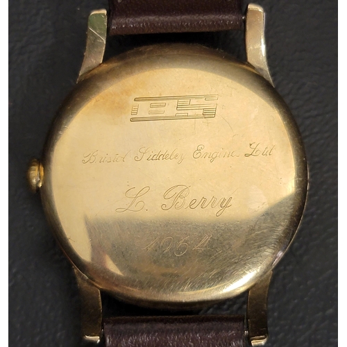 119 - GENTLEMAN'S BAUME NINE CARAT GOLD CASED WRISTWATCH
the dial with gilt Arabic numerals and subsidiary... 