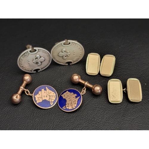 109 - THREE PAIRS OF GOLD, SILVER AND OTHER CUFFLINKS
comprising a nine carat gold pair with enamel decora... 