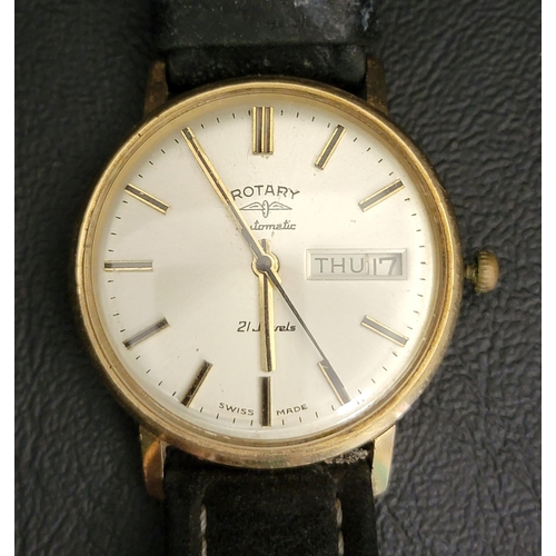 GENTLEMAN'S NINE CARAT GOLD CASED ROTARY AUTOMATIC WRISTWATCH
1970s, the dial with baton five minute markers and day/date aperture at 3, with 21 jewels movement, the backplate engraved with Bank of Scotland Log and 'A.C.Gibson 1937-1977'