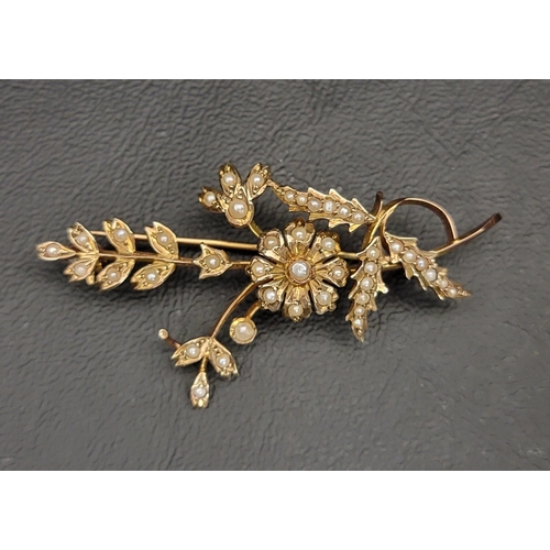 SEED PEARL SET SPRAY BROOCH
in nine carat gold, 5.8cm long and approximately 6.3 grams
