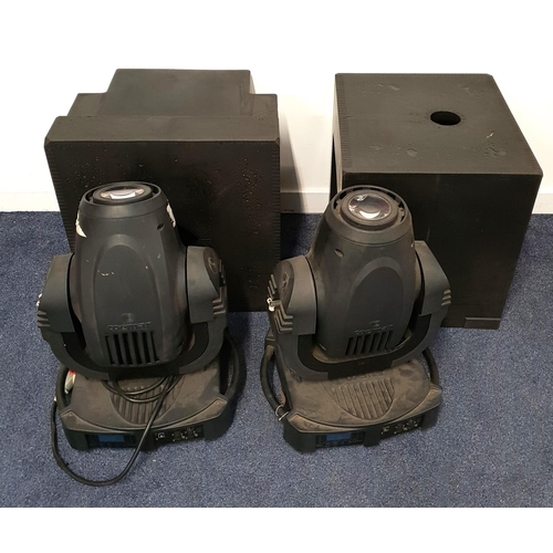 PAIR OF COEMAR INFINITY S AUTOMATIC SPOTLIGHTS
with rotating and indexing prism effects, silent operation, aerial wheel, break up wheel, three rotating prisms, dimmer, both with padded covers, 60cm x 44cm x 36cm (2)