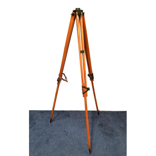 VINTAGE WOODEN TRIPOD STAND
the adjustable legs with metal spikes, the top with a circular metal screw mounting, 148.5cm high extended