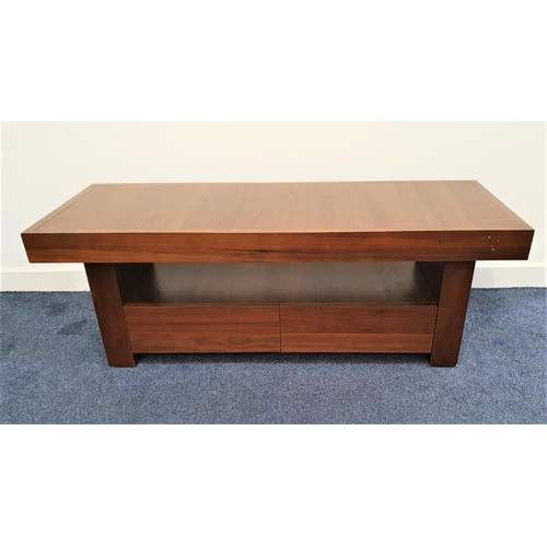BENTLEY DESIGNS WALNUT OCCASIONAL TABLE AND MATCHING SIDE CABINET
the table with a rectangular top above an open shelf with two flush drawers below, 47cm x 125cm; the side cabinet with a rectangular top above three flush frieze drawers with three cupboard doors below, 81cm x 150cm (2)