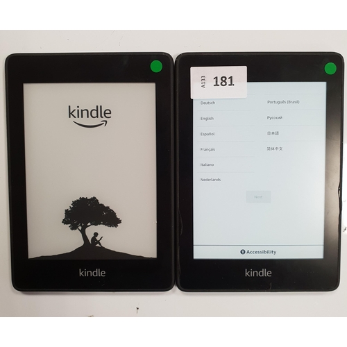 181 - TWO AMAZON KINDLE PAPERWHITE 4 E-READERS
serial numbers G000 PP12 9496 11PD and G000 T607 8336 0MVQ ... 