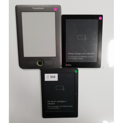 THREE E-READERS
comprising two Kobo Aura serial numbers N236780624415, 514B391006871 and a Pocket Book 611 serial number E606322AM01739 (3)
Note: It is the buyer's responsibility to make all necessary checks prior to bidding to establish if the device is blacklisted/ blocked/ reported lost. Any checks made by Mulberry Bank Auctions will be detailed in the description. Please Note - No refunds will be given if a unit is sold and is subsequently discovered to be blacklisted or blocked etc.