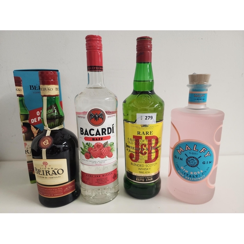 279 - SELECTION OF SPIRTS AND LIQUEURS
comprising Bacardi Razz (1L, 32%), Malfy pink grapefruit gin (1L, 4... 