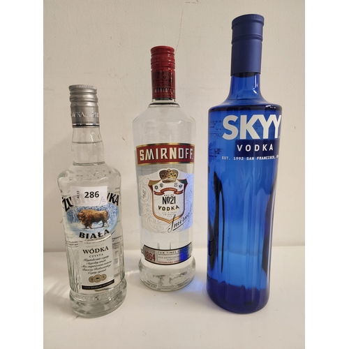 286 - THREE BOTTLES OF VODKA
comprising Zubrowka Biala (500ml, 40%), Skyy (1L, 40%) and Smirnoff No.21 (1L... 