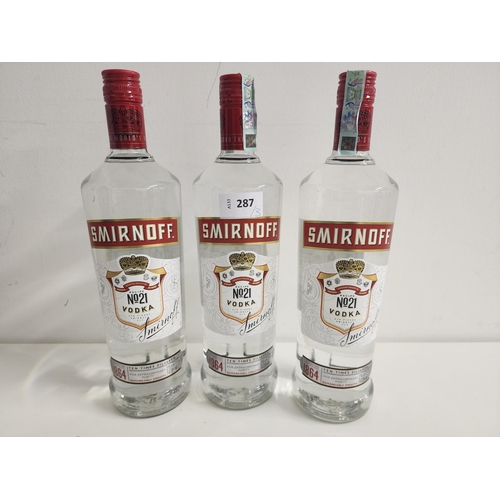 287 - THREE BOTTLES OF SMIRNOFF NO.21 VODKA 
(1L, 37.5% each)
Note: You must be over the age of 18 to bid ... 