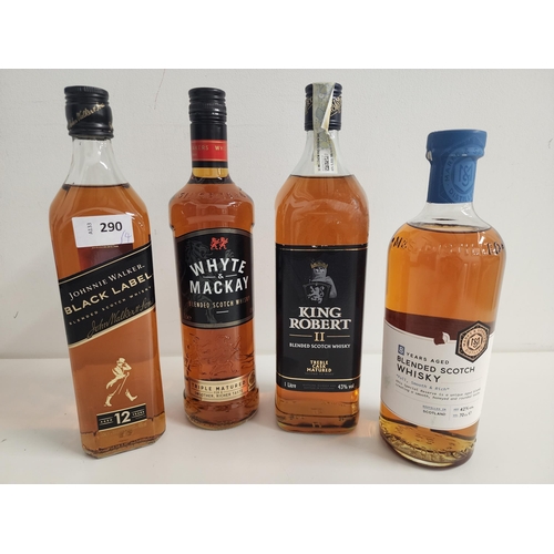 FOUR BOTTLES OF WHISKY
comprising M&S blended scotch whisky (700ml, 42%), Johnnie Walker Black Label blended scotch whisky (700ml, 40%), King Robert II blended scotch whisky (1L, 43%) and Whyte & Mackay blended scotch whisky (700ml, 40%) 
Note: You must be over the age of 18 to bid on this lot.