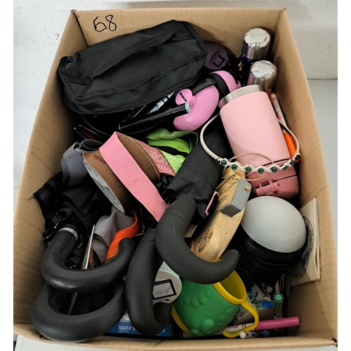 ONE BOX OF MISCELLANEOUS ITEMS
including water bottles, snow gloves, umbrellas, stationary, camping light, felt tip markers