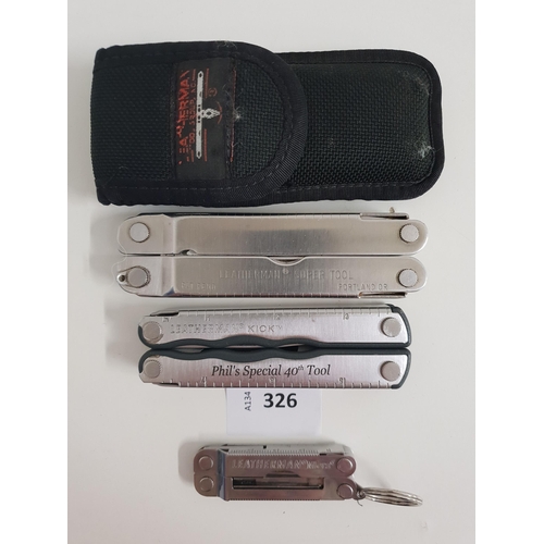 326 - THREE LEATHERMAN MULTI-TOOLS
comprising a Super Tool, a Micra, and a Kick
Note: You must be over the... 