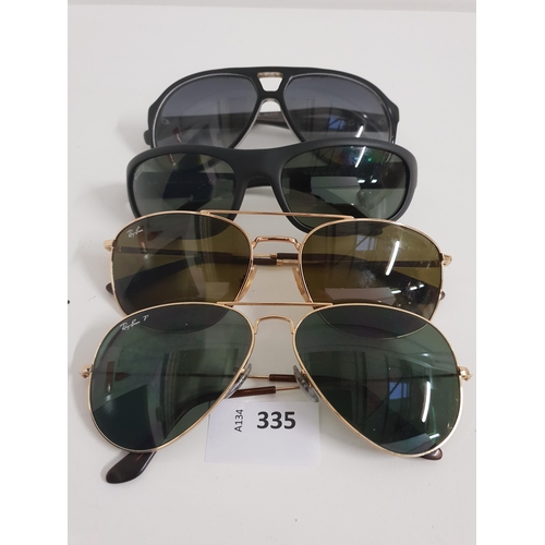 335 - FOUR PAIRS 0F DESIGNER SUNGLASSES
comprising 3x Ray-Ban and 1x Dolce and Gabbana
Note: one pair of R... 