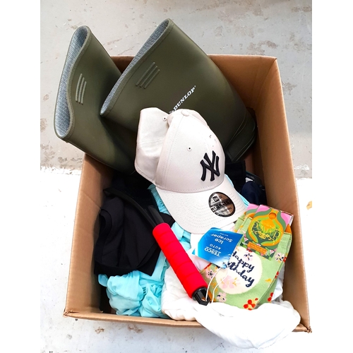 ONE BOX OF NEW ITEMS
including Dunlop wellies (size 7), clothes, 9Forty hat, socks, and a windscreen scraper