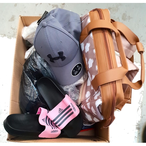 62 - ONE BOX OF NEW ITEMS
including a baby changing bag, clothing - 2x Nike top (size M), Under Armour to... 