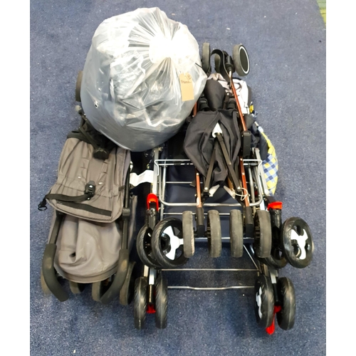 THREE BUGGIES AND ONE BAG OF PRAM/BABY ACCESSORIES