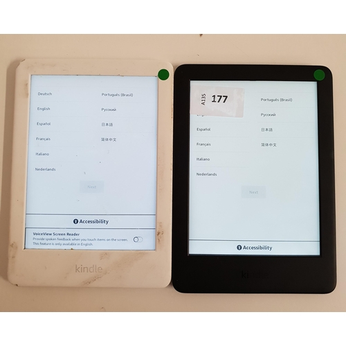 177 - TWO AMAZON KINDLE BASIC 3 E-READERS
serial numbers G090 VB06 1243 07NA and a white example G0G0 WH05... 