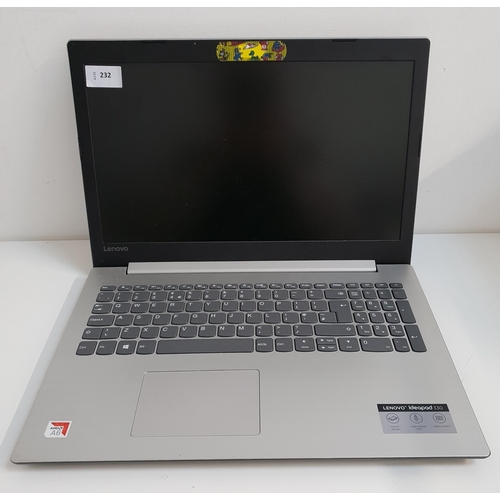 LENOVO IDEAPAD 330 LAPTOP
Model 81D6  - AMD A6 - Wiped 
Note: scuffs and scratches with some dents all over
Note: It is the buyer's responsibility to make all necessary checks prior to bidding to establish if the device is blacklisted/ blocked/ reported lost. Any checks made by Mulberry Bank Auctions will be detailed in the description. Please Note - No refunds will be given if a unit is sold and is subsequently discovered to be blacklisted or blocked etc.