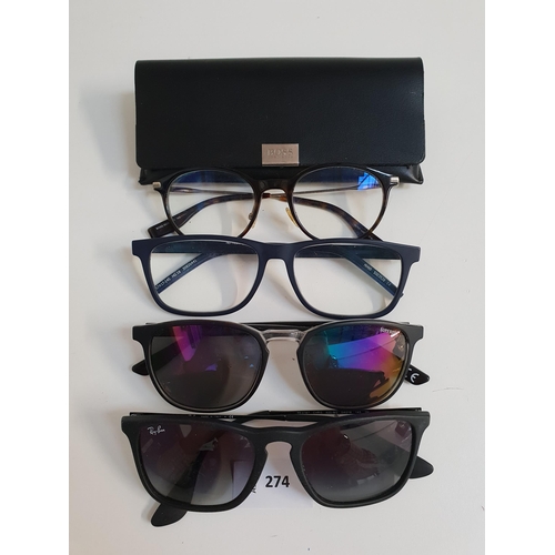 FOUR PAIRS OF DESIGNER GLASSES AND SUNGLASSES
comprising two pairs of Hugo Boss glasses, a pair of Ray-Ban sunglasses and a pair of Superdry sunglasses
Note: one pair of glasses in case
