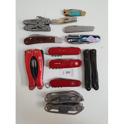 280 - SELECTION OF SWISS ARMY KNIVES AND MULTI-TOOLS
of various sizes and designs, including a Victorinox ... 