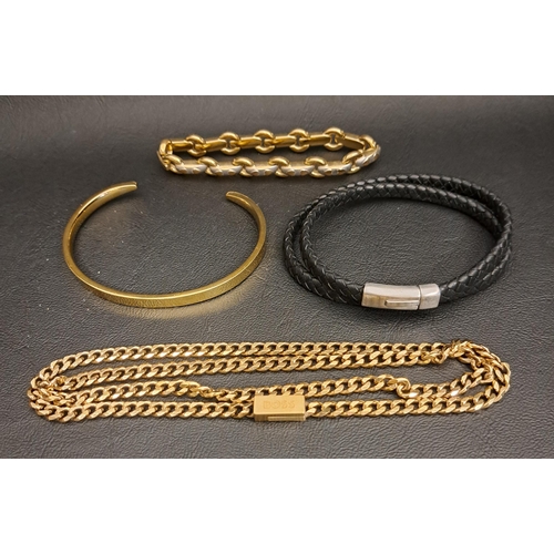SELECTION OF FASHION JEWELLERY 
comprising an Emporio Armani double black woven leather bracelet with steel hardware, a Tom Astin bangle, a Rotary bracelet with heart detail, and a Hugo Boss curb link neck chain