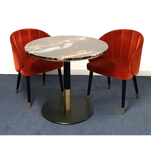 328 - CIRCLUAR MARBLE TOPPED TABLE AND TWO CHAIRS
the table on turned metal column with brass collar and b... 