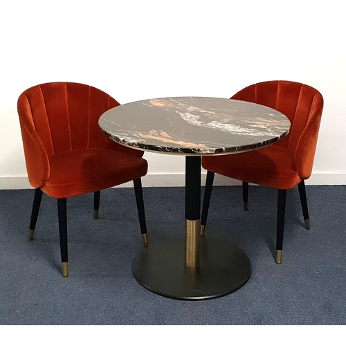 CIRCLUAR MARBLE TOPPED TABLE AND TWO CHAIRS
the table on turned metal column with brass collar and black metal weighted base, 78cm high, the top 90cm diameter; the chairs in burnt orange velour with shaped padded backs and seats, standing on turned tapering supports with brass caps