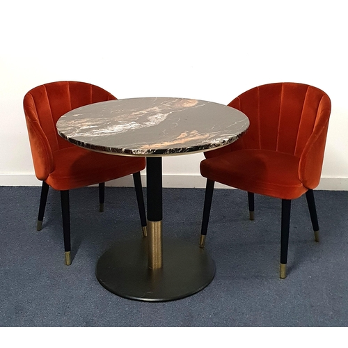 330 - CIRCLUAR MARBLE TOPPED TABLE AND TWO CHAIRS
the table on turned metal column with brass collar and b... 